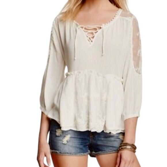 Free People small sheer tie front embroidered peasant blouse TB 9057 - Picture 1 of 13